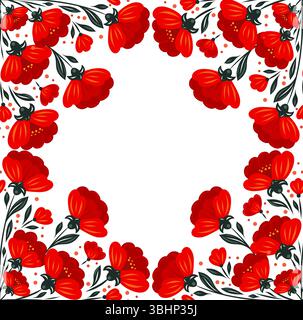 Vector card with floral ornament with red poppies and copy space. Decorative folk art style invitation with detailed red flowers and place for text Stock Vector