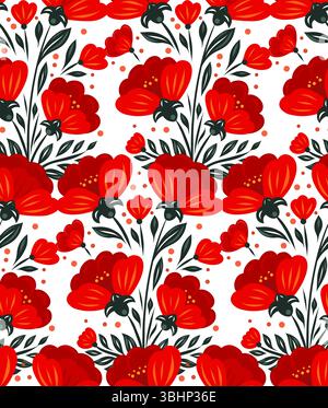 Vector seamless pattern with red flowers and green leaves in folk art style for textile design, wallpaper, gift wrap, digital backgrounds. Decorative Stock Vector