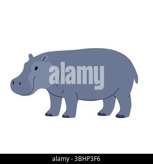 Cute flat vector illustration of a hippopotamus in a soft grayish blue tone. Simple and friendly design, ideal for childrens books, safari themes, or Stock Vector