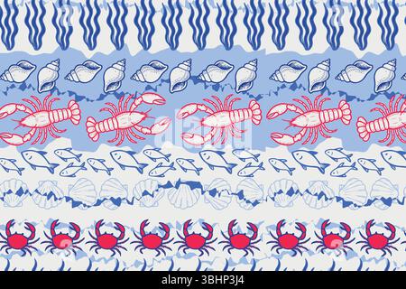 Striped marine pattern with repeating rows of seaweed, shells, lobsters, fish, scallops, and crabs in red and blue on a light background. Bold, fun Stock Vector
