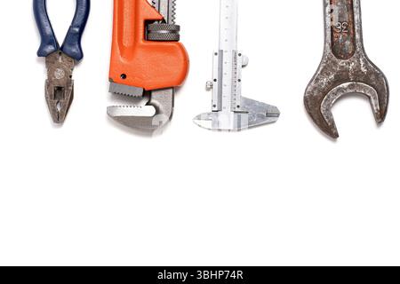 Set of construction, plumbing tools, highlighted on white background, with space for copying text Stock Photo