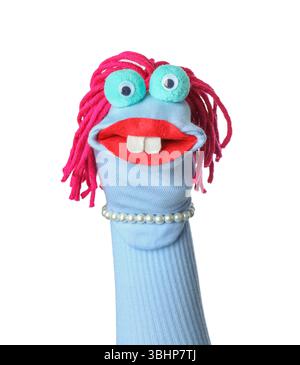 Funny sock puppet with hair isolated on white Stock Photo