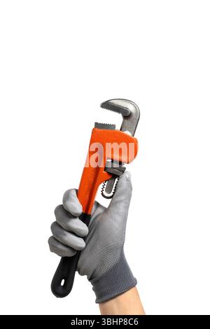 Adjustable spanner in hand isolated on white background Stock Photo