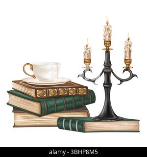 A vintage composition of old ornate hardback books in a stack, a black metal candelabra with candles and a porcelain cup of tea. Ancient literature, s Stock Photo