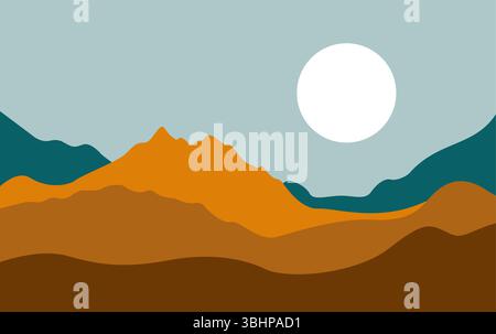 Mountain landscape with moon. Sunset. Mountainous terrain. Hills silhouette vector Stock Vector