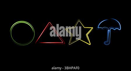 Vector isolated illustration of geometric shapes of squid game with neon effect. Stock Vector
