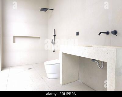 modern minimalist style bathroom in white with black sanitary Stock Photo