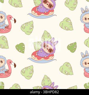 Seamless pattern with Beach Cute Monster Toy swim on inflatable pink flamingo and donut on white background with tropical leaves. Kids Cartoon Funny s Stock Vector