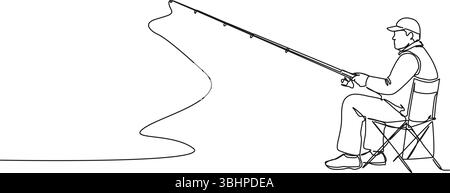 continuous single line drawing of man with fishing rod sitting on fishing chair, line art vector illustration Stock Vector