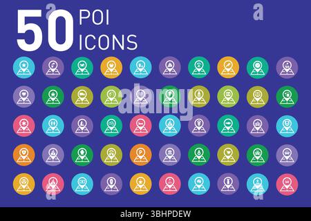 Vector Illustration of 50 Location Markers – Point of Interest (POI) Icons for Maps, Navigation, and Travel App Stock Vector