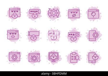 A sleek collection of purple line icons themed around cybersecurity and online privacy Stock Vector