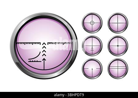 Vector illustration of rifle scope sight, with variety of different reticles. Stock Vector