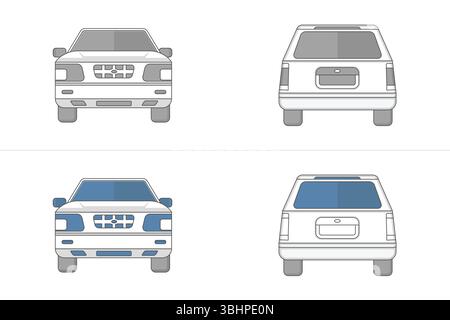 Front and back view of SUV classic car in two version styles, vector illustration Stock Vector