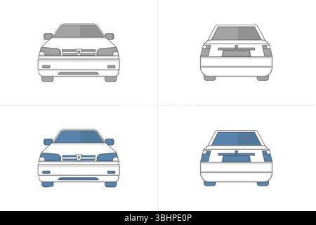Front and back view of sedan classic car in two version styles, vector illustration Stock Vector