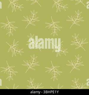 Olives branches light outline drawing. Pattern on pistachio background. Vector illustration Stock Vector