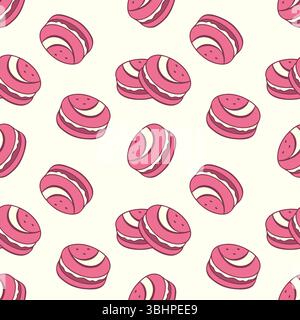 Creme pattern with pink macaroons. Strawberry delicious cookies with cream filling. Vector illustration Stock Vector