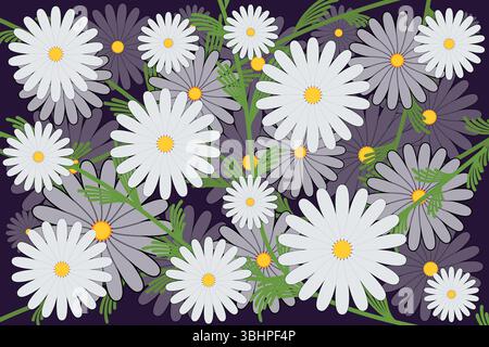 Cluster of white and purple daisies with yellow centers and green leaves Stock Vector