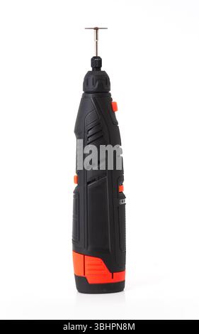 Close-up of a cordless rotary tool with cutting disc, isolated on white background, used for DIY, crafting, and precision work Stock Photo