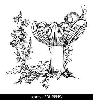 Russula webcap mushroom, snail on top, heather flowers, moss lichen growth. Forest floor habitat scene. Illustration hand drawn in vector ink Stock Vector