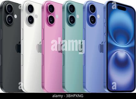 Mock-up of Smart Phone iPhone 16 in official colors, on a transparent background, vector illustration. The iPhone 16 and iPhone 16 Plus are smartphone Stock Vector