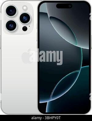 Smart Phone iPhone 16 Pro in White Titanium color, on a transparent background, vector illustration. The iPhone 16 Pro and iPhone 16 Pro Max are smart Stock Vector