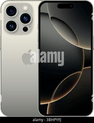 Smart Phone iPhone 16 Pro in Natural Titanium color, on a transparent background, vector illustration. The iPhone 16 Pro and iPhone 16 Pro Max are sma Stock Vector