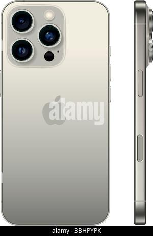 Smart Phone iPhone 16 Pro in Natural Titanium color, on a transparent background, vector illustration. The iPhone 16 Pro and iPhone 16 Pro Max are sma Stock Vector