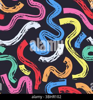 Multicolor abstract watercolor wavy shapes and lines, vector seamless pattern. Art ink colorful texture background. Fashion textile print or wrapping Stock Vector