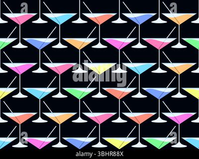 Cocktail with straw in 80s style seamless pattern. Alcoholic cocktails with straw in vermouth glass. Design for bar menus, advertising materials and b Stock Vector
