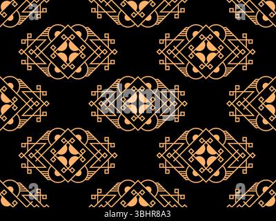 Geometric seamless pattern in line art style. Art deco geometric pattern of golden lines on a black background. Vintage linear style. Design for wallp Stock Vector