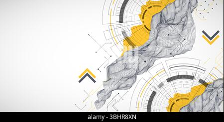 Abstract data background with wireframe wave and circuit lines. Technology concept. Vector Stock Vector