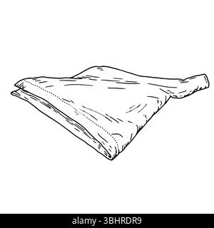 Folded linen napkin, black and white ink sketch. Vector illustration. Kitchen towel, insulated on a white background. It is drawn in a simple style. F Stock Vector
