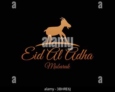 Elegant Eid Al Adha greeting card with golden goat silhouette, crescent moons, lanterns, and stars on a green background, featuring festive typography Stock Vector