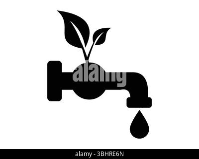 A crisp and clean vector icon depicting a black silhouette of a water tap with a single droplet falling, emphasizing water conservation. Emerging from Stock Vector