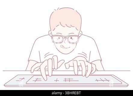 A young, focused coder with glasses is eagerly and enthusiastically typing away on a keyboard with great excitement Stock Vector