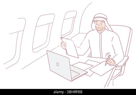 A highly professional individual diligently reviewing important documents and working on a laptop during a flight Stock Vector