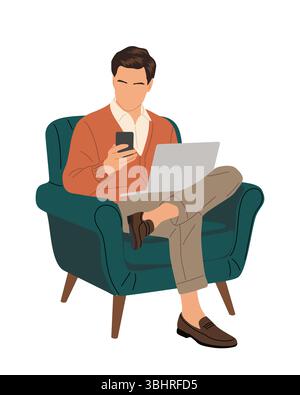 Man sitting in an armchair with laptop and phone Stock Vector