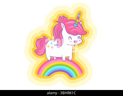 Vector greeting card with cute unicorn and rainbow in kawaii style. Vector illustration of a cute unicorn is in rainbow Stock Vector