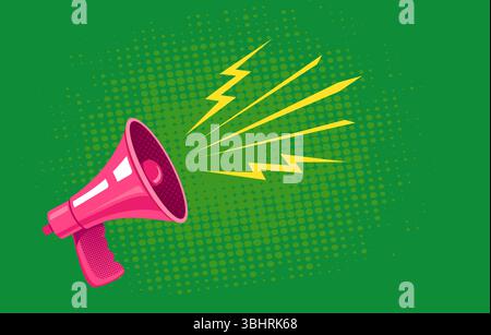Vector vintage poster with retro pink megaphone on green background. Retro megaphone green halftone background. Stock Vector