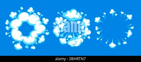 Exploding cartoon cloud vector with comic-style radial burst and puff elements on blue background. Cloud and explosion vector shapes in cartoon comic Stock Vector