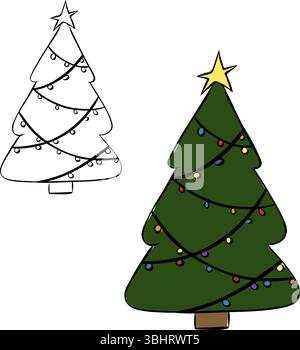 Christmas tree with lights isolated on transparent background. Vector graphic line ink illustration. Banner, poster, wrapping paper, sticker, print, m Stock Vector