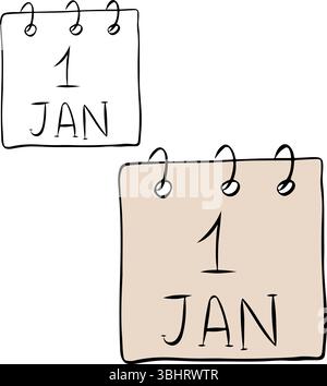 Calendar leaf 1st january isolated on transparent background. Vector graphic line ink illustration. Perfect for cards, decorations, stickers, logo, me Stock Vector