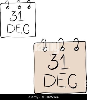 Calendar leaf icon Dec 31 isolated on transparent background. Vector graphic line ink illustration. Silhouette sign for logo, print, comics, fashion, Stock Vector