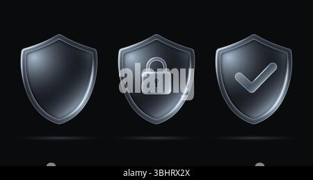 Security shield signs with lock and check mark, safety and protection symbols in glass liquid style isolated on dark background. Vector 3d illustratio Stock Vector