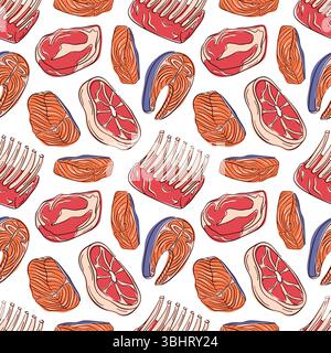 Seamless pattern with flat pieces of meat and fish, steak, ribs and salmon on white background. Perfect for packaging, kitchen wallpaper design or Stock Vector