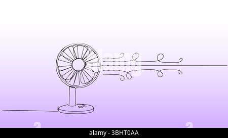 One line fan illustration. Minimalist linear blower cooling system design. Summer heat climate ventilation technology. Gradient background pastel Stock Vector