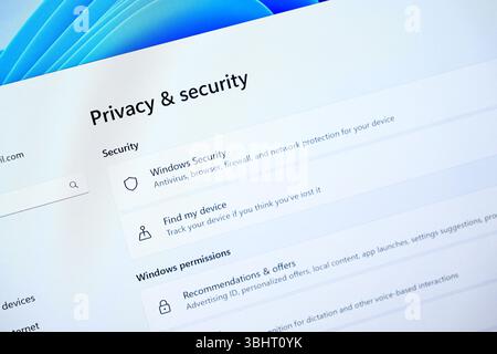 Poznan, Poland - June 6, 2025: Windows Security application shown on a computer screen, presenting privacy and digital protection features for users o Stock Photo