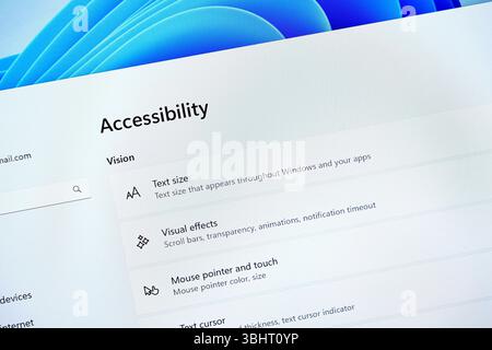 Poznan, Poland - June 6, 2025: Close-up view of the Windows 11 operating system's Accessibility menu, highlighting features like text size and mouse p Stock Photo