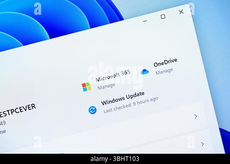 Poznan, Poland - June 6, 2025: Close-up of a Windows 11 operating system screen showcasing Microsoft 365, OneDrive, and Windows Update features for se Stock Photo
