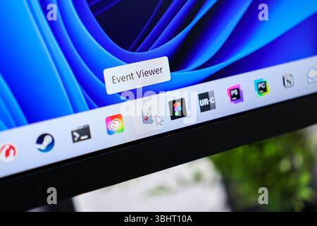 Poznan, Poland - June 6, 2025: A computer screen showcases the Event Viewer tooltip over a system utility icon on the taskbar, illustrating digital sy Stock Photo